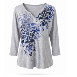 CJ Banks Women Gray Blue Floral Graphic V-Neck 3/4 Sleeve Top Size Xor 14 Casual